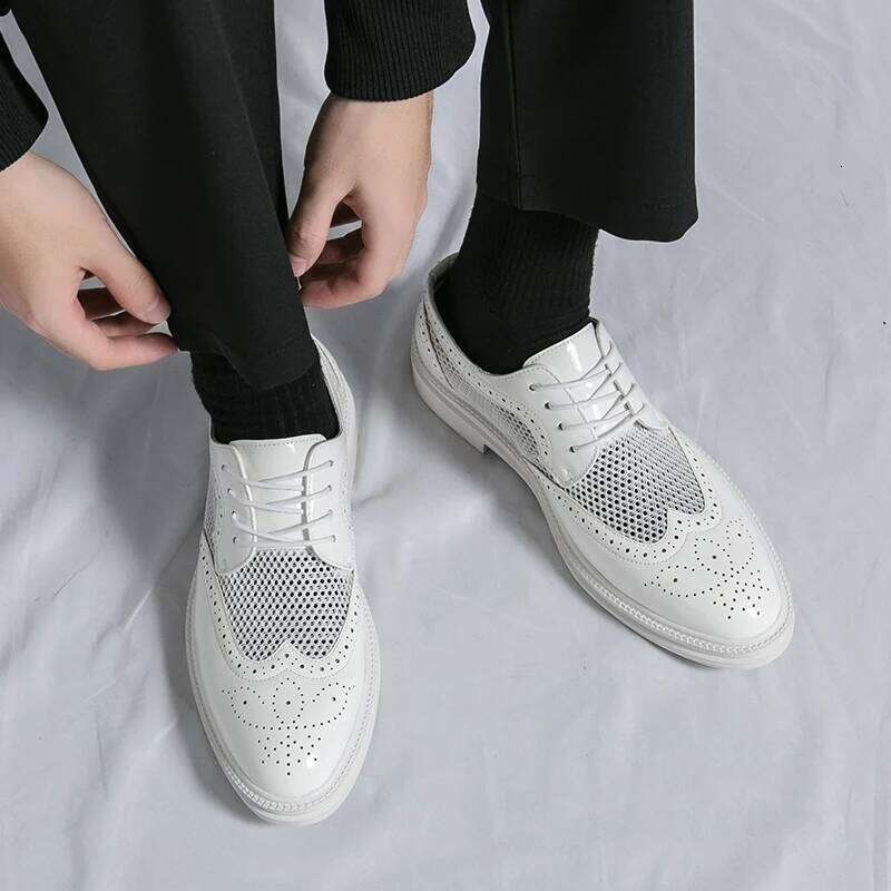 New Fashion Men Oxfords Genuine Patent Leather Formal Business Breathable Dress Shoes Hollow Mesh Out Flats