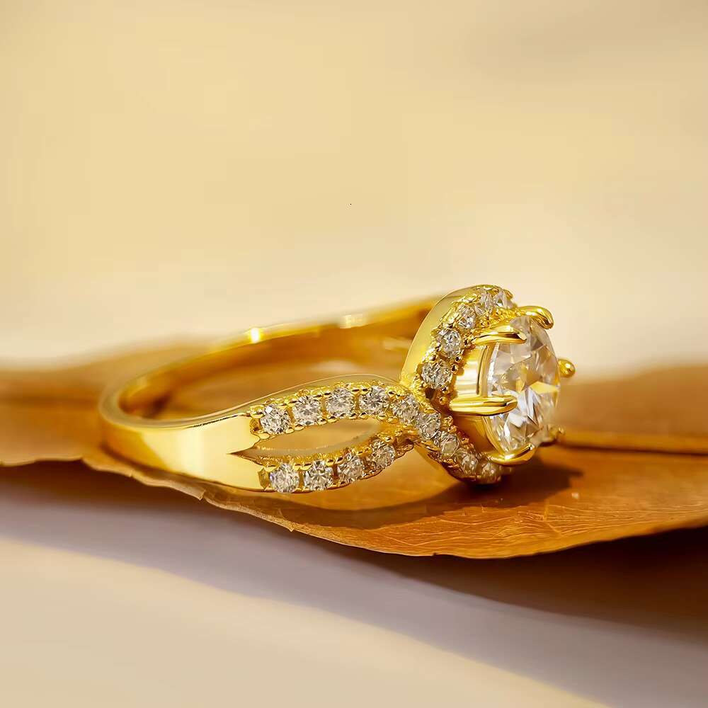 FOXI halo Engagement Ring Pave Set Moissanite Diamond Twisted Shank Accompanied Gold Plated 925 Sterling Silver Moissanite Ring