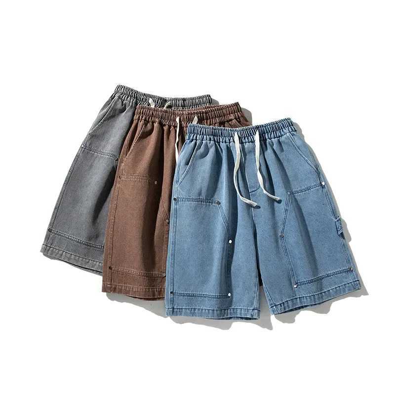 American Retro Light Blue Lumber Cargo Denim Shorts Men Draw Rope Loose Casual High Street Summer Mens Short Pants T250603