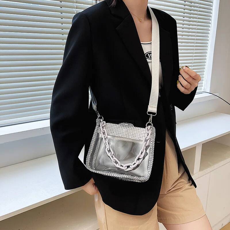2025 New Transparent Slanted Shoulder Bag with Water Diamond Thick Chain Designer Women's Small Wallet and Handbag Fashion Jelly Summer Beach Han