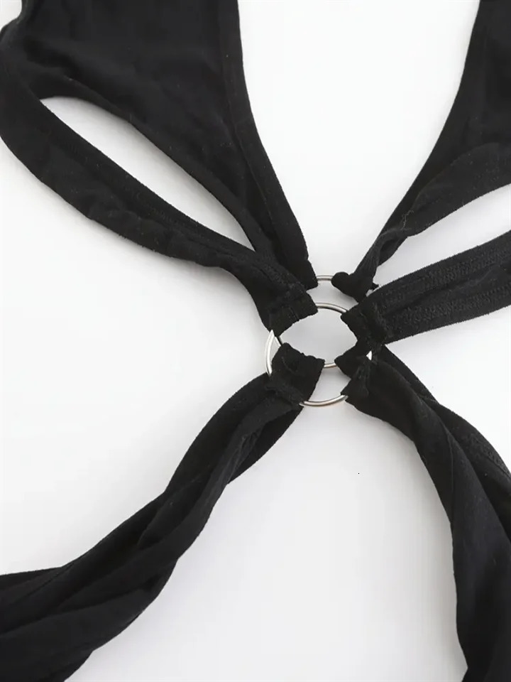 Mesh Deep V Halter Backless Bodystocking Ring Linked Hollow Out Open Crotch Bodystocking Womens Sexy Lingerie Underwear 250603