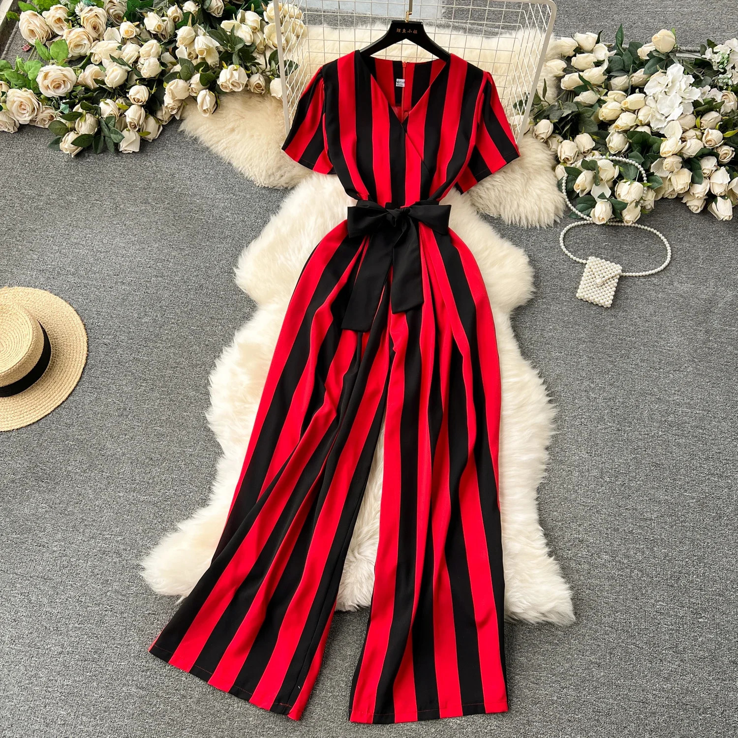 Gentle Women Jumpsuit Stripe V Neck Sleeveless Lace Up Bow High Street Korean Style Summer Long Senior Rompers 250530