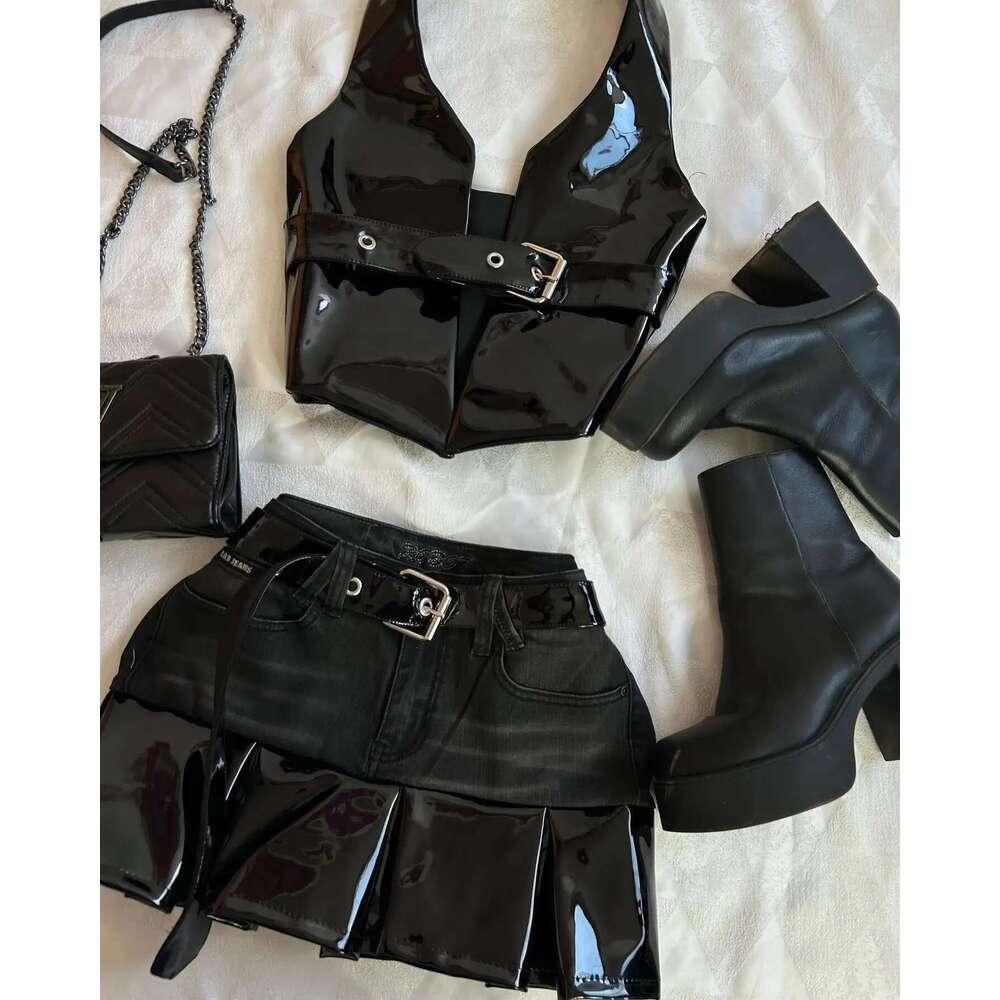 Haruku Black Y2k Mini Skirt Denim Splicing Leather Two Piece Sets Women Outfits Sexy Girl Gothic Camisole Tops Streetwear