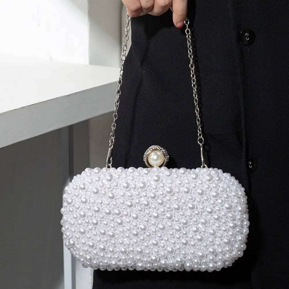 Simple and New Fashionable Women's Inlaid with Large Pearls, Handmade Bead Embroidered Bag, Hand-held Temperament Pearls, Bag,