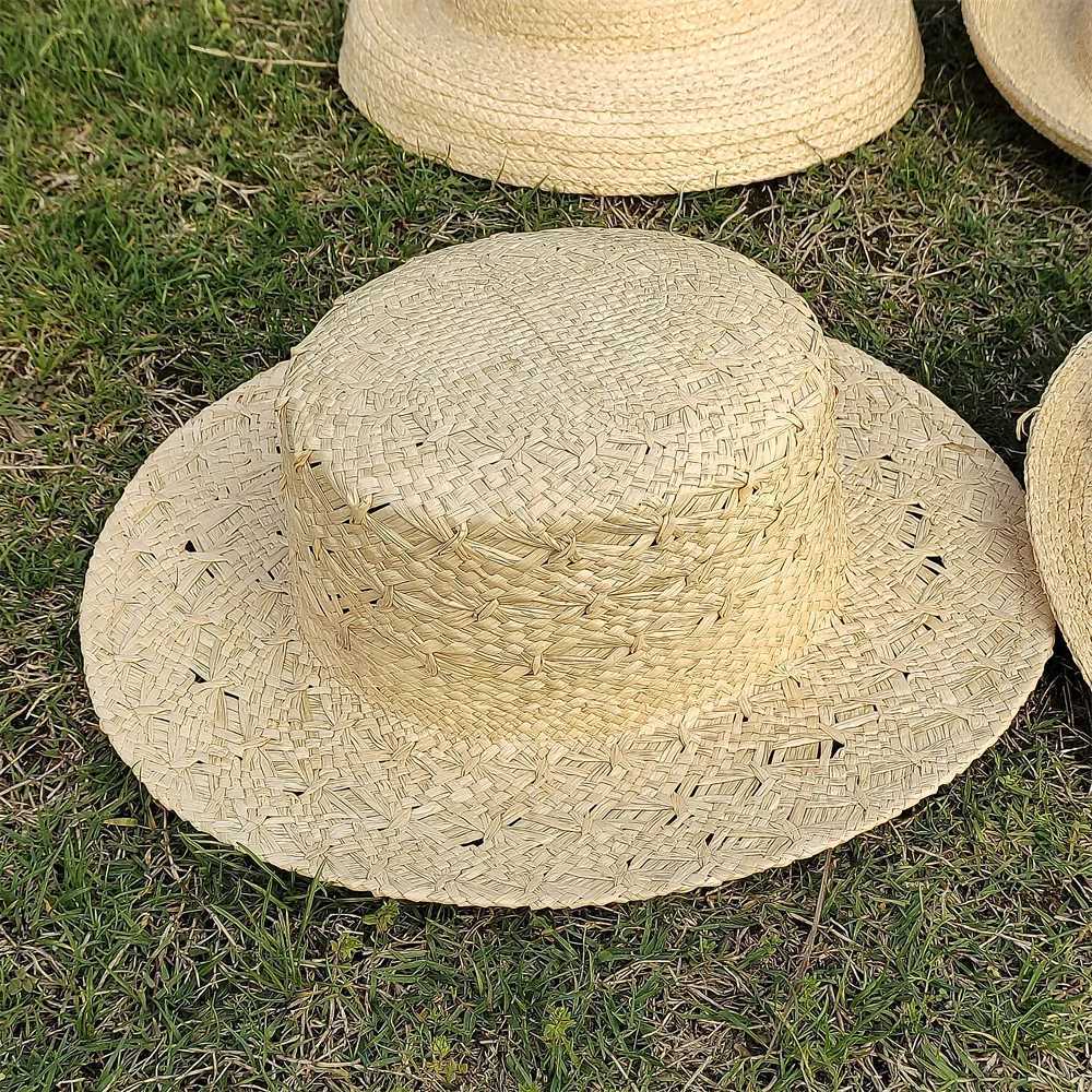 Large Brim Straw Hat Raffia Hand-woven Pattern Straw Hat Sun Protection Beach Sun Hat Womens British Retro Basin Hat W250602