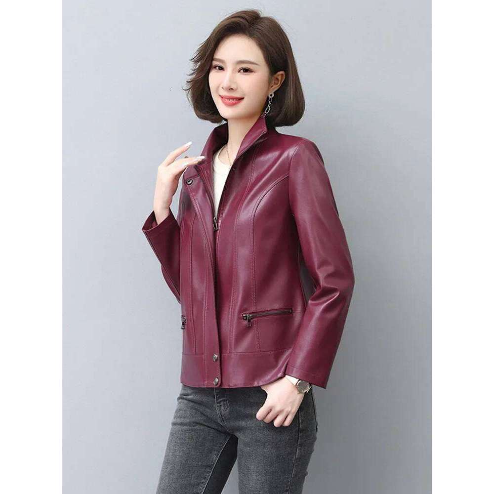 New Women Leather Jacket Autumn Winter Casual Fashion Stand Collar Plus Cotton Lining Slim Short Sheepskin Coat Spring Outerwear