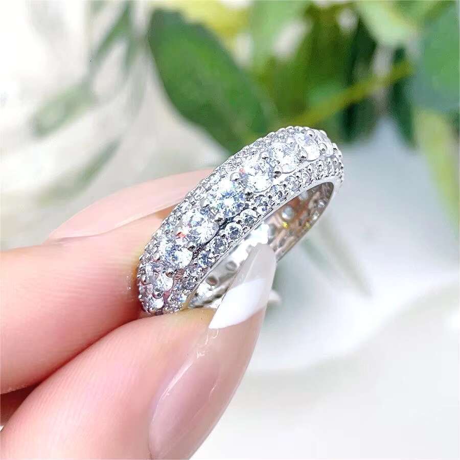 FOXI Luxurious Hip Hop Mens Moissanite Ring Bling Gold Plated 925 Sterling Silver Moissanite Diamond Eternity Band Ring