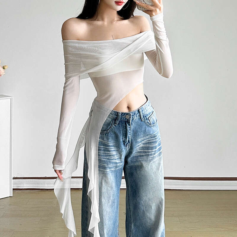 Summer Fashion Trend Women's New Long Sleeve Off-Shoulder Mesh See-Through Crop Top B5