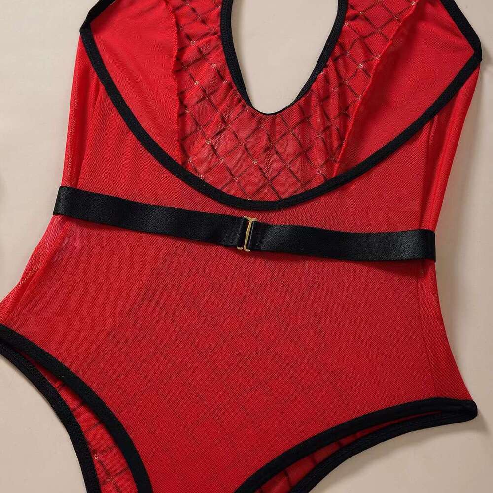 Spell Lingerie Porn Suits New Style Quilted Print Mesh Patchwork Hollow Out Halter Neck Sexy Lingerie With Gloves Sexy Lingerie