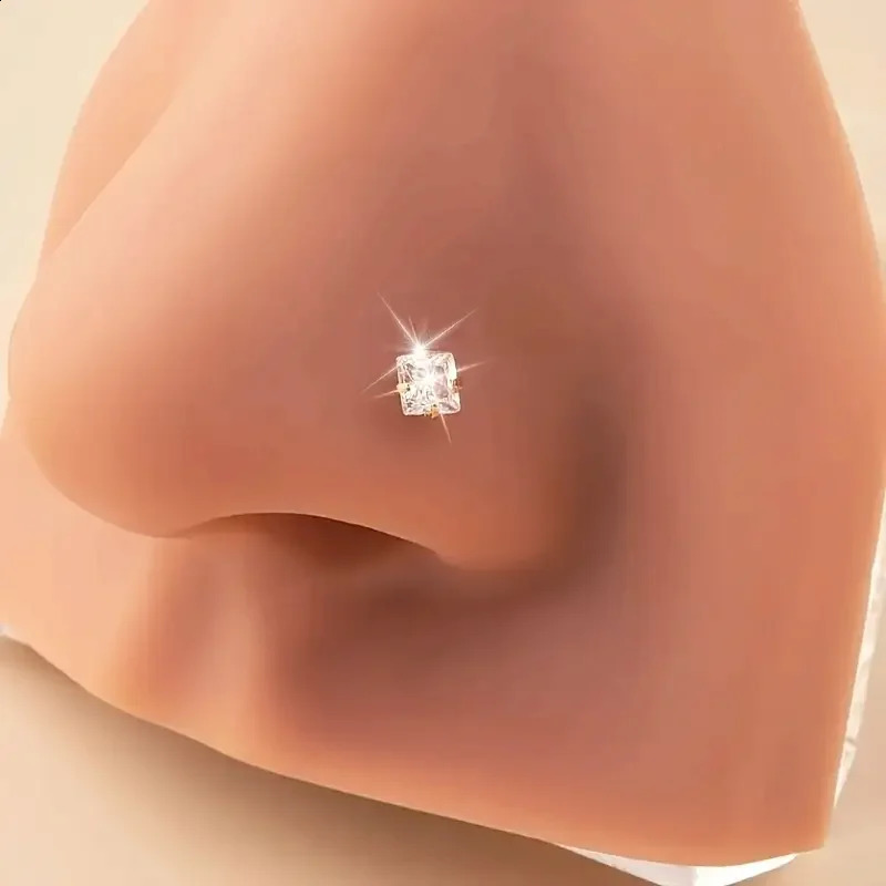 Golden Tone Cubic zirconia Square Nose Stud Simple Glamorous Sparkling Nose Ring Piercing Jewelry Elegant Vacation Style 250530