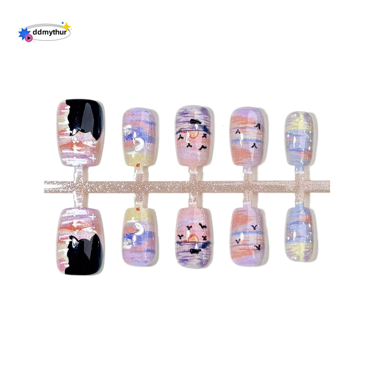 Sunset Beach Oil Painting Cat Wearing Nails Art Monet Style Purple Gradient Niche Nail Stickers ddmythur