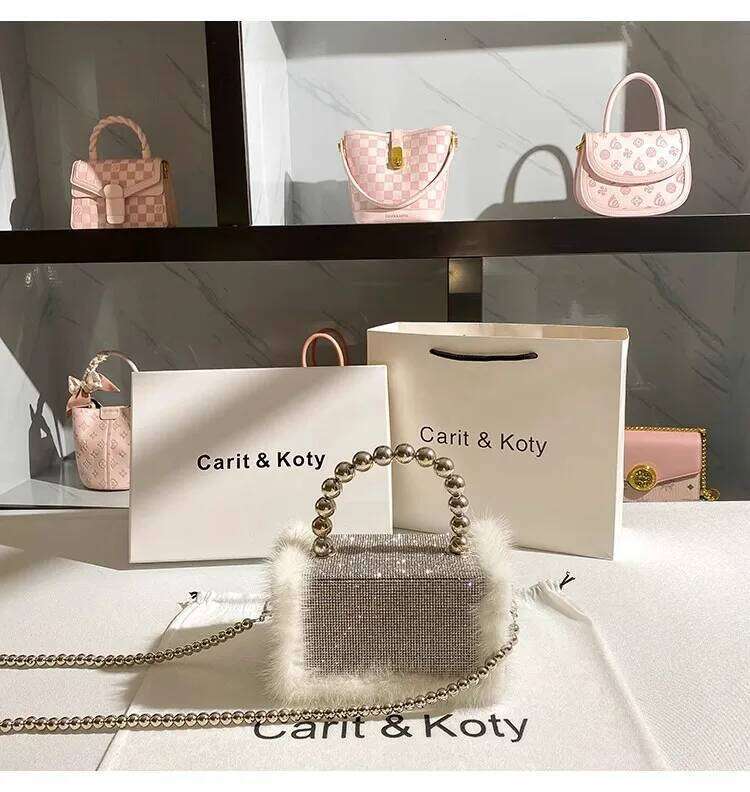 Autumn Mink Hair Square Glitter Shiny Dias Evening Wedding Party Clutch Purse Women's Handbag Shoulder Crossbody Bag