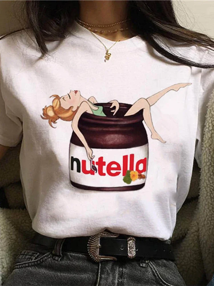 New Nutella Print Designer T Shirt Women 90s Harajuku Kawaii Fashion T-shirt Graphic Cute Cartoon Tshirt Korean Style Top Tees Female