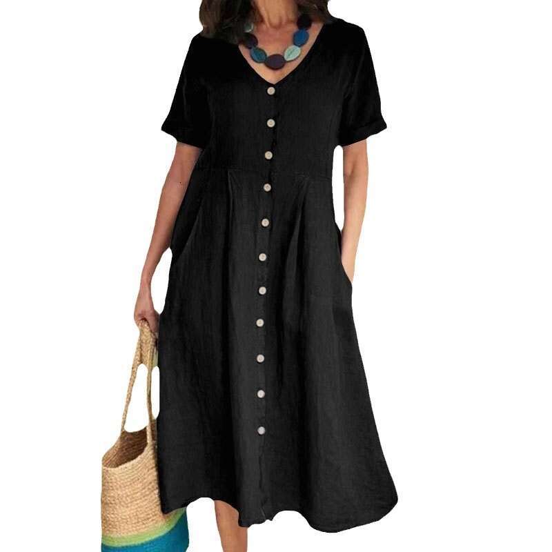 Spring/Summer New Solid Color Loose High-Waisted Cotton Linen Dress B5