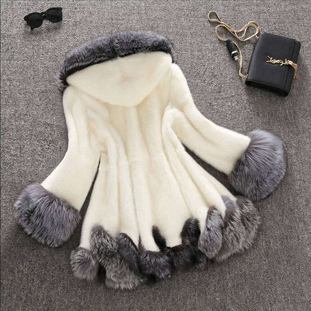 Wear Real Gorgeous Women's White Black Mink Winter Thick Hooded Jacket Long Sleeves Warm Fur Coat In Stock
