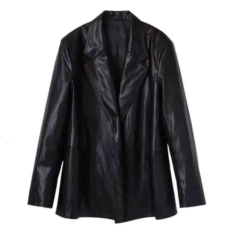 Leather Jacket Women Spring Autumn Style Loose Medium Length Niche Design Suit with Texture Simple and Atmospheric