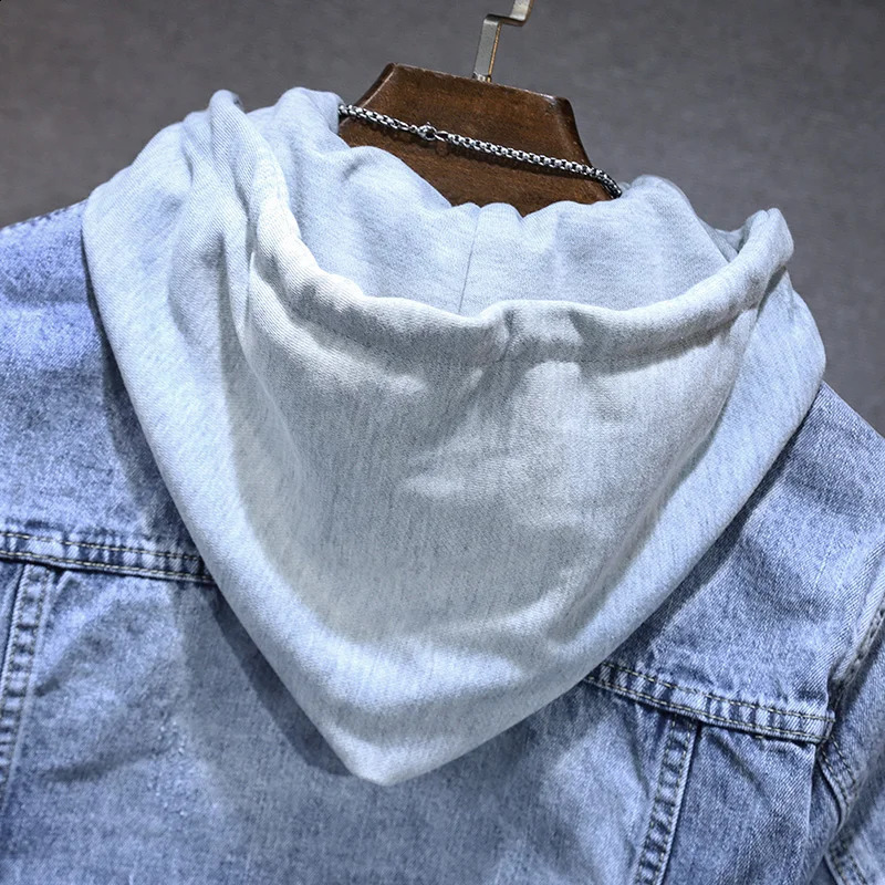 Autumn Mens Clothing Denim Jacket Fashion Hole Hooded Casual Slim Streetwear Male Coat Blue Ripped Jean Jacket 250529