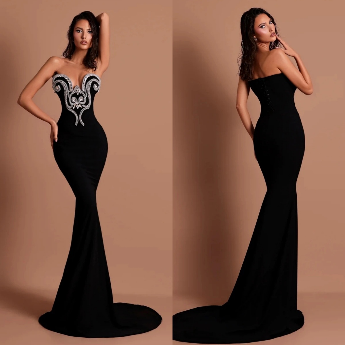 Simple Crystal Evening Dresses Strapless Mermaid Party Sleeveless Backless Princess Slim Party Prom Gowns Sweep Train Vestidos De Noche
