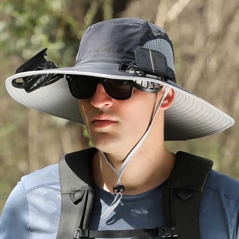 Swim Hat Men Outdoor Wide Brim Sun Hat With Solar Fan Wide Brim Solar Fan Outdoor Fishing Hat Solar USB Charging Desktop Visor W250602