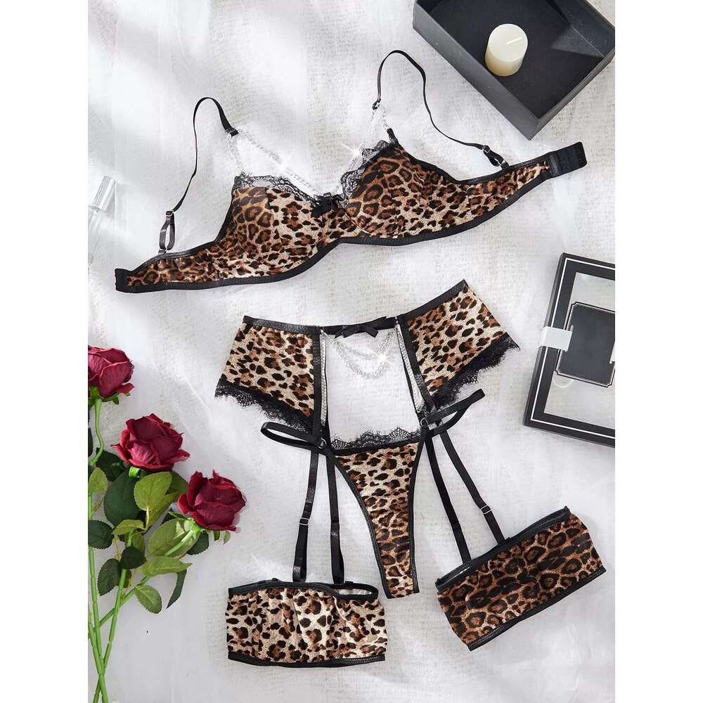 Spell Lingerie Porn Suits High Quality Leopard Print Eyelash Lace Metal Chain Sexy Lingerie Set Sexy Lingerie