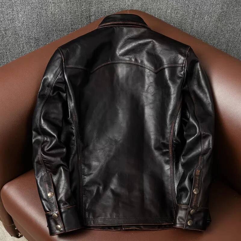 Tea Core First-Layer Horsehide Hand-Rubbed Retro Natural Men's Lapel Slim Short Motorcycle Leather Jacket