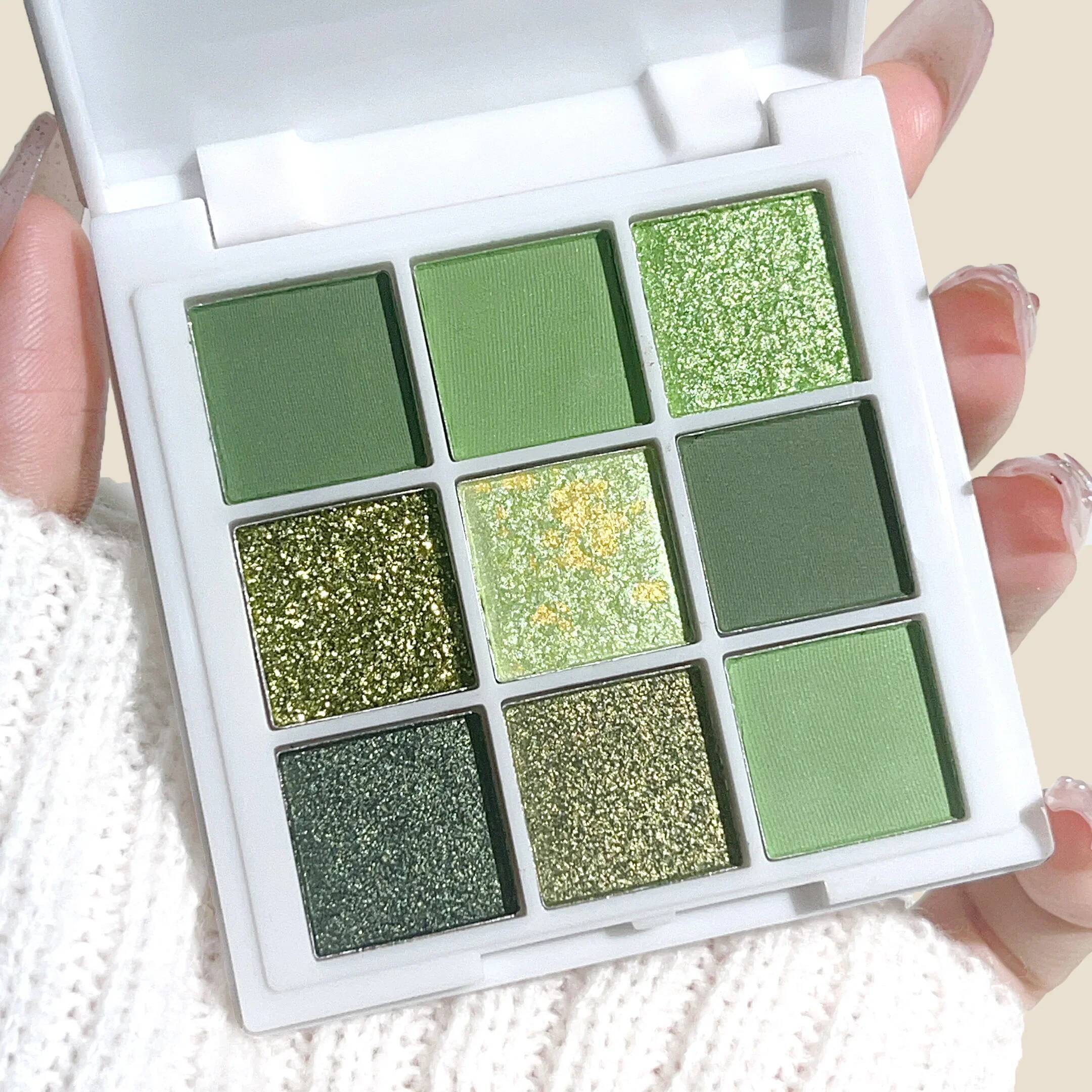 9 color High-Pigment Green Eyeshadow Palette - Long Lasting, Smudge-Proof Matte & Shimmer Finishes for Everyday and Party Looks