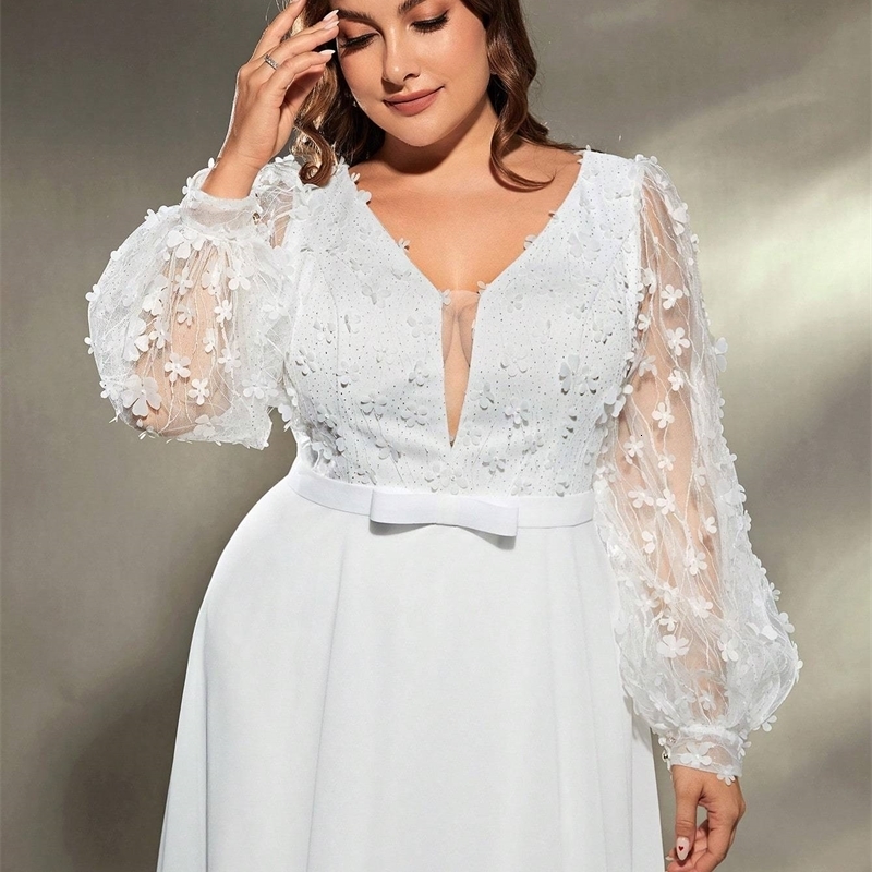 Mgiacy plus size Vneck threedimensional embroidery chiffon train wedding dress Evening gown Ball Party 250519