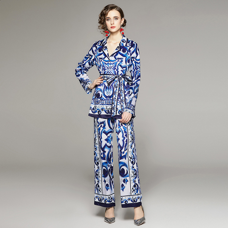 Fashion Ethnic Style Printed Suit Collar Shirt Spring Autumn Belted Straight Pants Casual Set240730