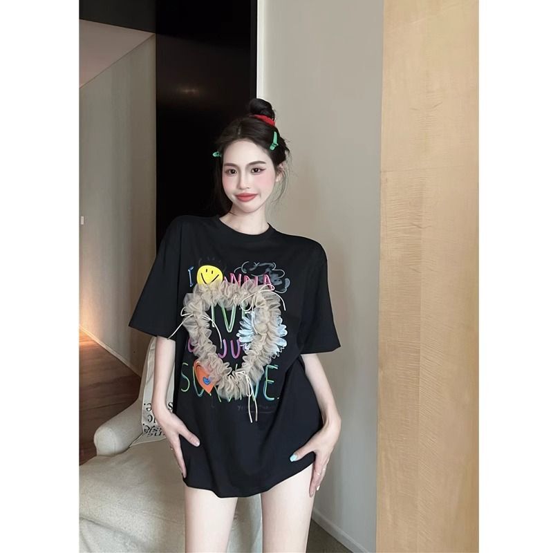 2025 Spring Summer Women's New T-shirt New Heart shaped Cotton Women's Short sleeved T-shirt Round Neck Fashion Designer Street Fashion Mult