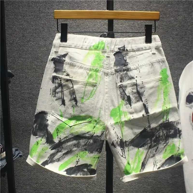 Mens Denim Shorts Graffiti Straight Loose Black Short Jeans Pants for Men Vintage Sale Stretchable With Zipper Blue Emo Summer XL T250603
