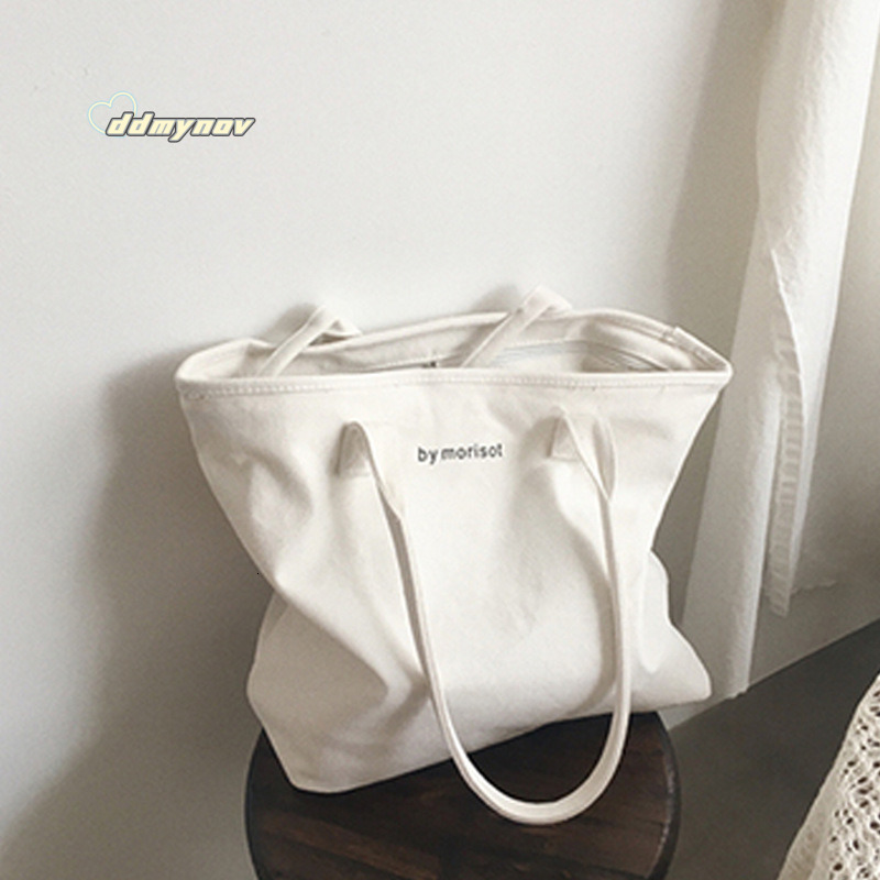 Korean New Versatile Large Capacity Letter Zipper Canvas Minimalist Style Women's Shoulder Casual Tote Bag ddmynov