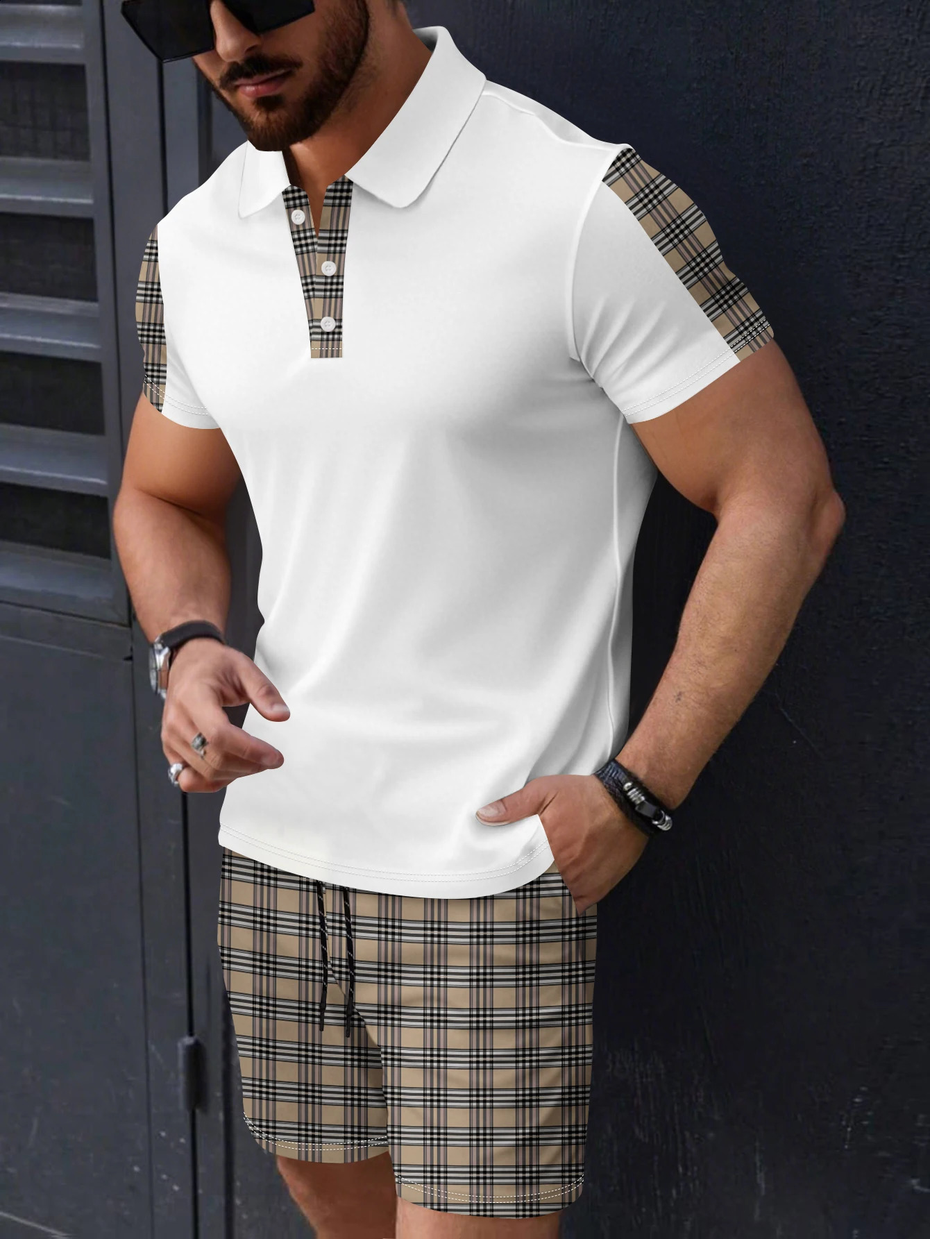 Summer Beach Check Suit mens ColorBlocked POLO shirt Top Printed Shorts for Casual Daily Outings 250530