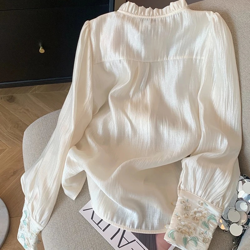 Satin Chinese Style Womens Shirt Embroidery Vintage Blouses Silk Fashion Clothing Loose Long Sleeves Women Tops 250603