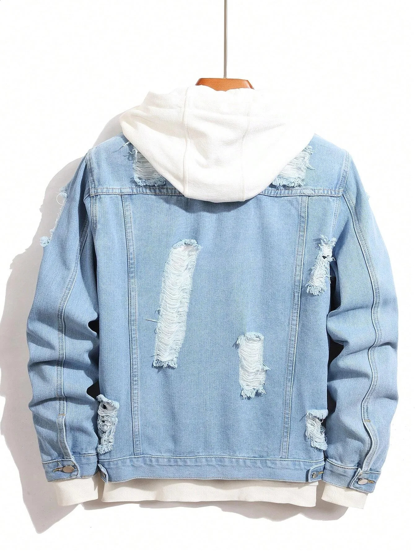 1PC Mens Four Seasons Style Destroyed Stone Wash Light Blue Jacket Daily American Street Casual Denim Jacket 250529