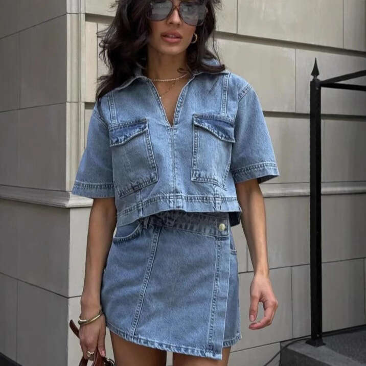 Workwear Denim Suit Skirt Pants V-Neck Short Sleeve Top Summer Women Hot Girl High Waist Irregular B5