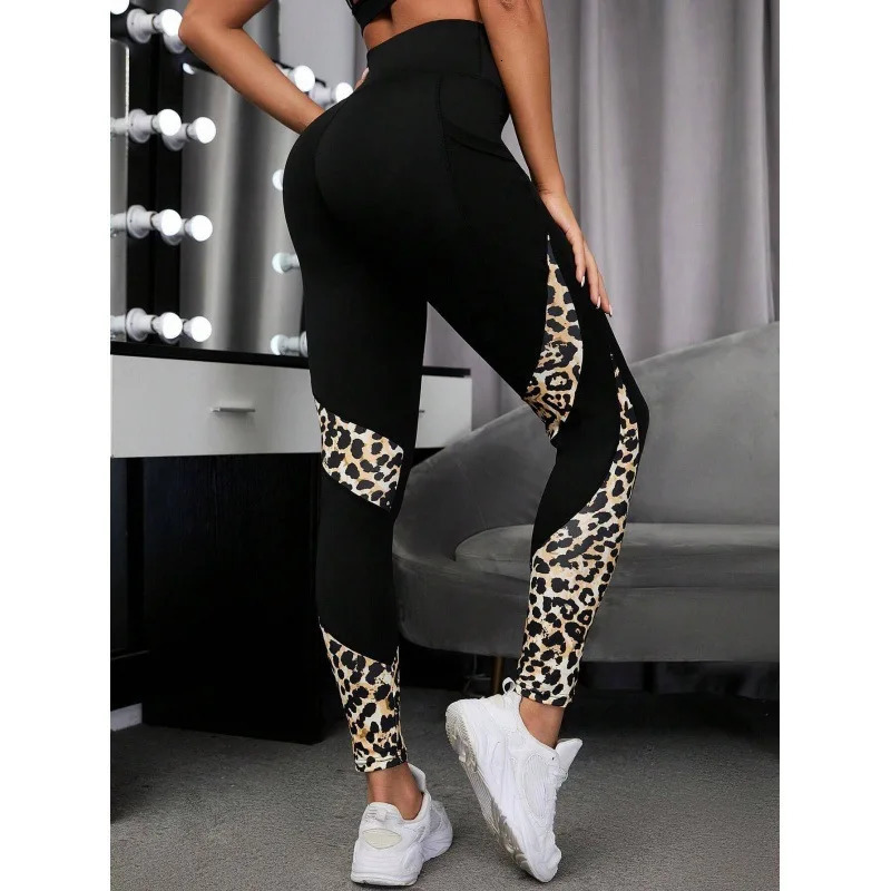Women Printed Yoga Leggings Leopard Splicing Together Leggings High Waist Butt Lift Fashion Fitness with Pocket Legging 250603