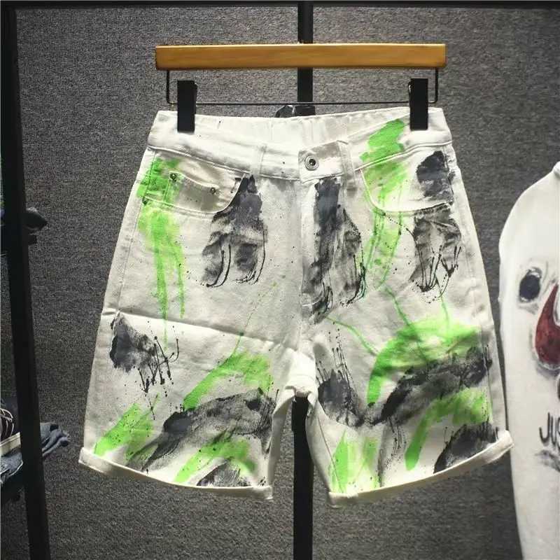 Mens Denim Shorts Graffiti Straight Loose Black Short Jeans Pants for Men Vintage Sale Stretchable With Zipper Blue Emo Summer XL T250603
