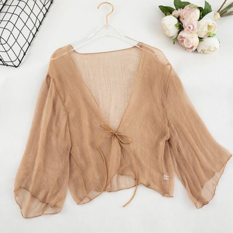 K909 Summer thin sunscreen shirt short high-waist thin chiffon top with skirt shawl blouse white thin jacket