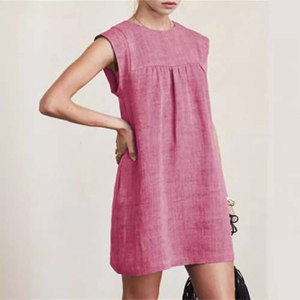 Fashion New Summer Loose Women's Casual Cotton Linen Solid Color Dress B5 b9