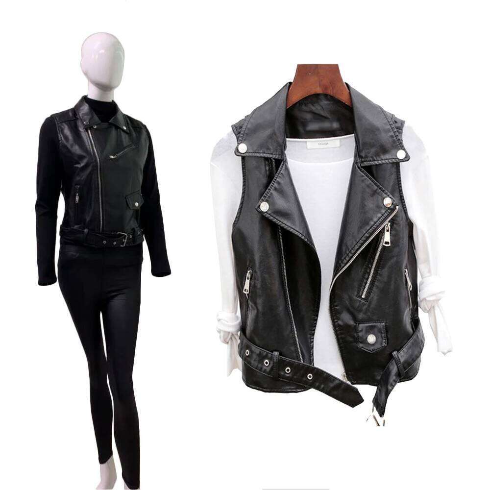Short PU leather sleeveless Biker Jacket Cool Tank Top V-Neck Outer Wearing Vest Tops