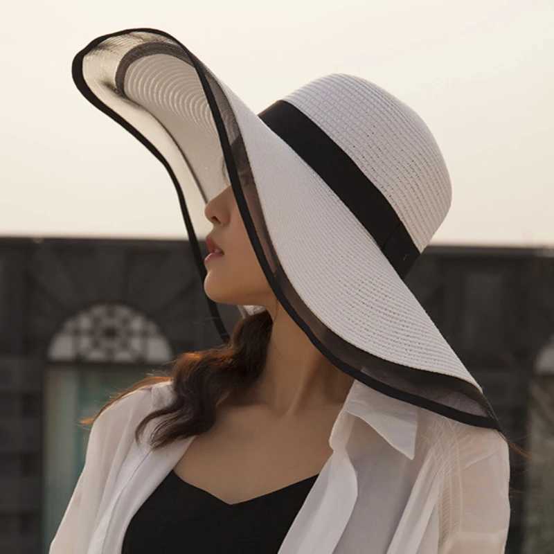 HT2504 Sun Hat Summer anti-UV Lady Wide Brim Hat Women Solid Plain Floppy Summer Straw Hats for Women Female Mesh Brim Beach Hat W250602
