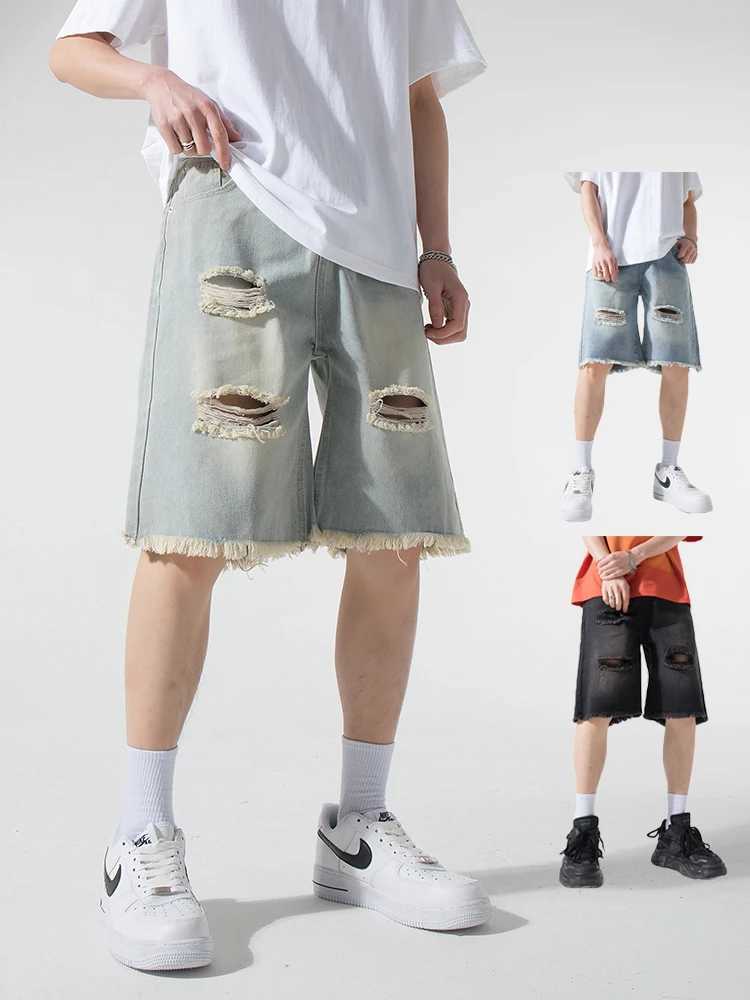 Streetwear Ripped Denim Shorts Men Summer New Fashion Straight Loose Short Jeans Washed Vintage Korean Mens Shorts Size M-3XL T250603