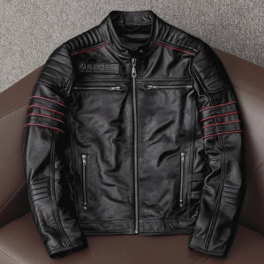 Men's Spring Original Leather Motorcycle Jacket 2025 Skull Embroidery Top Layer Cowhide Clothing Fit Black Slim Male Coat