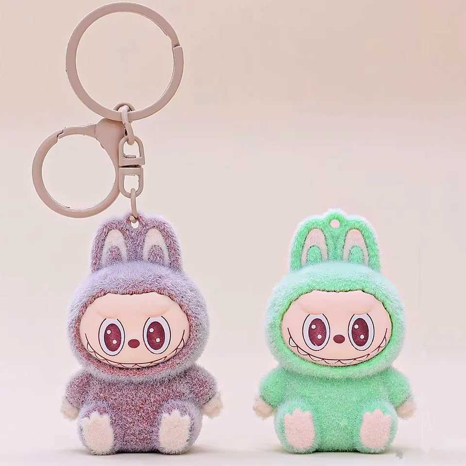 Sitting Labubu Doll Keychain External Implantation Fluff PVC Toy Phone Ornaments Bag Charms Car Keychain Gifts XJ250602