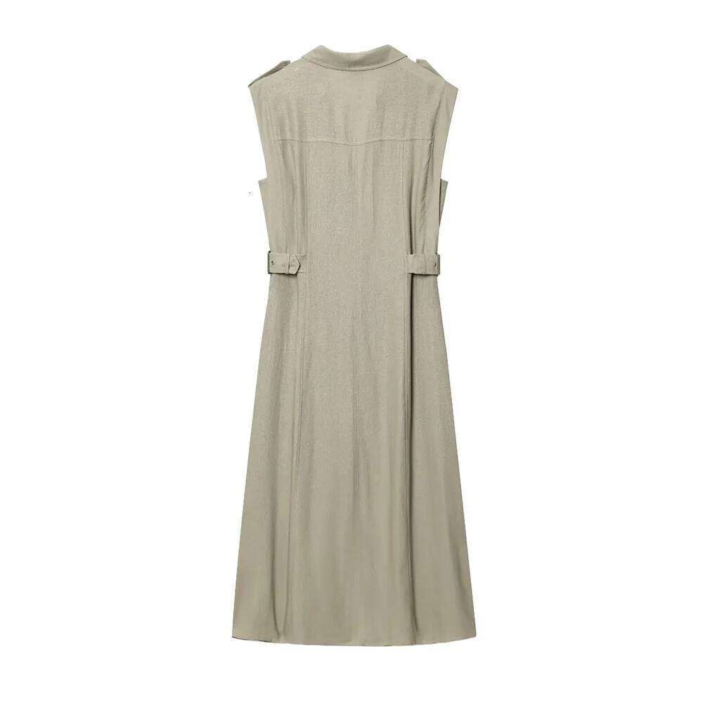 Khaki Brown Two Color Turn Down Collar V Neck Sleeveless Single Breasted Women Comfortable Long Dress 2025 Spring New