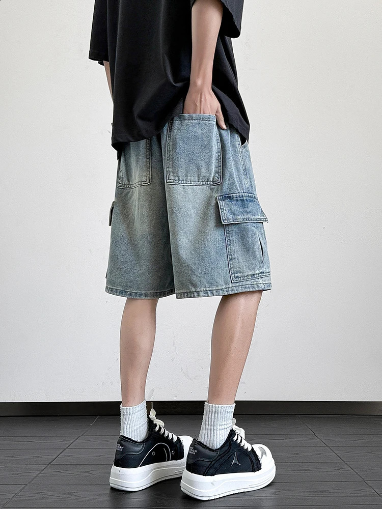 Summer Denim Shorts Men Korean Fashion Wide Leg Straight Jean Short Male MultiPocket Loose Fit Cargo 250529Z