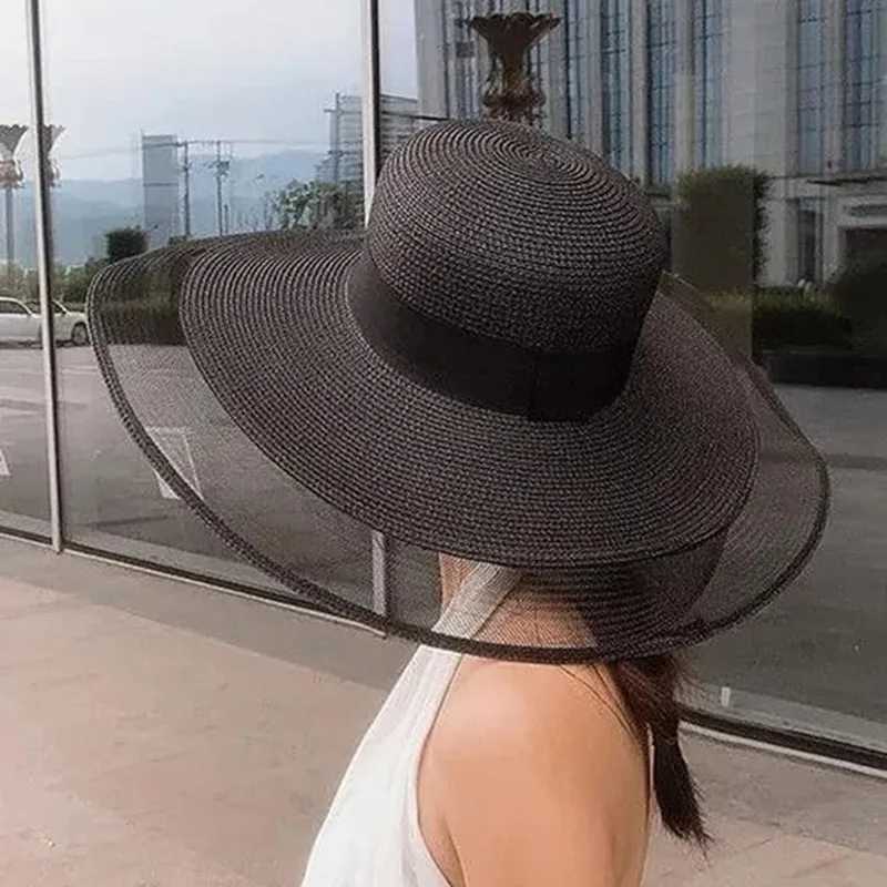 Fascinating Veil Netting Sun Hat UPF 50+ Ladies Hats Wide Brim Straw Hat Women Summer Beach Cap Fedoras Dress Hat W250602