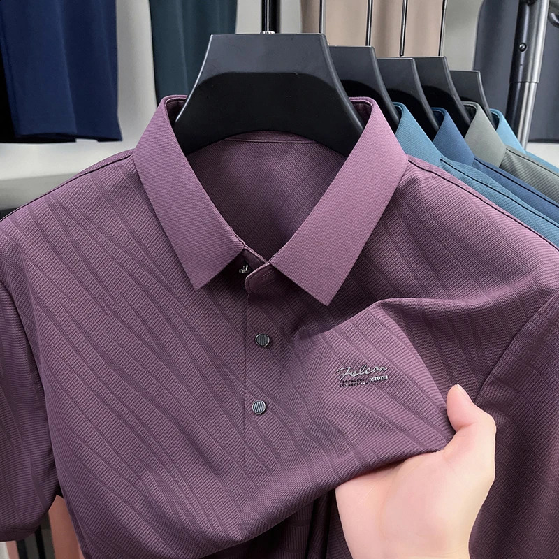 Fashion line printed mens short sleeve polo shirt trend summer item business casual solid color lapel Tshirt 250529