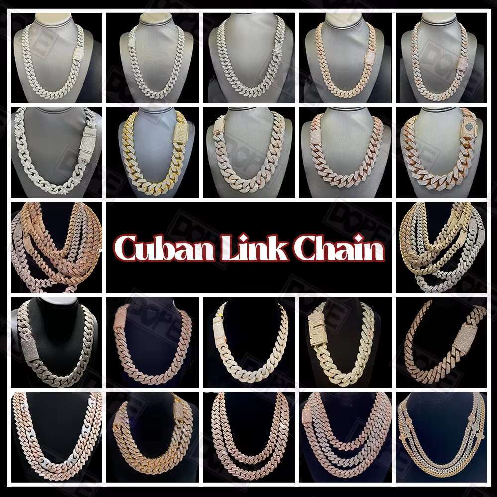 12mm 14mm Cuban Link Chain Custom Clasp Iced Out 925 Silver 2 Rows Hiphop Moissanite Cuban Link Chain