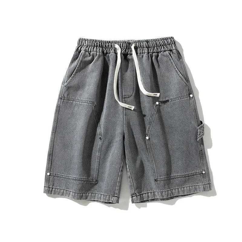 American Retro Light Blue Lumber Cargo Denim Shorts Men Draw Rope Loose Casual High Street Summer Mens Short Pants T250603